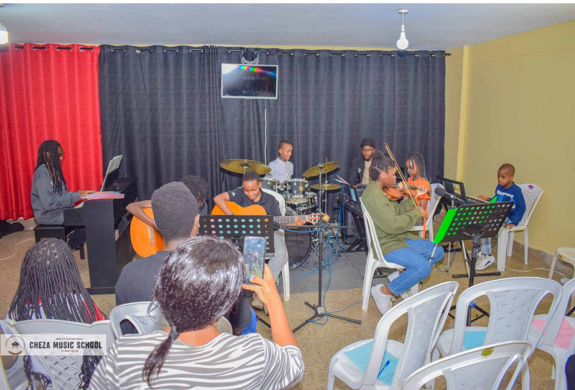 Family learning music together