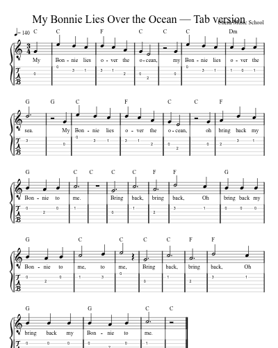 My Bonnie Lies Over the Ocean — Tab version preview